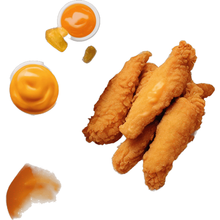 3 chicken tenders with crinkle fries and orange sauce on the side in a styrofoam container styrofoam container emoji