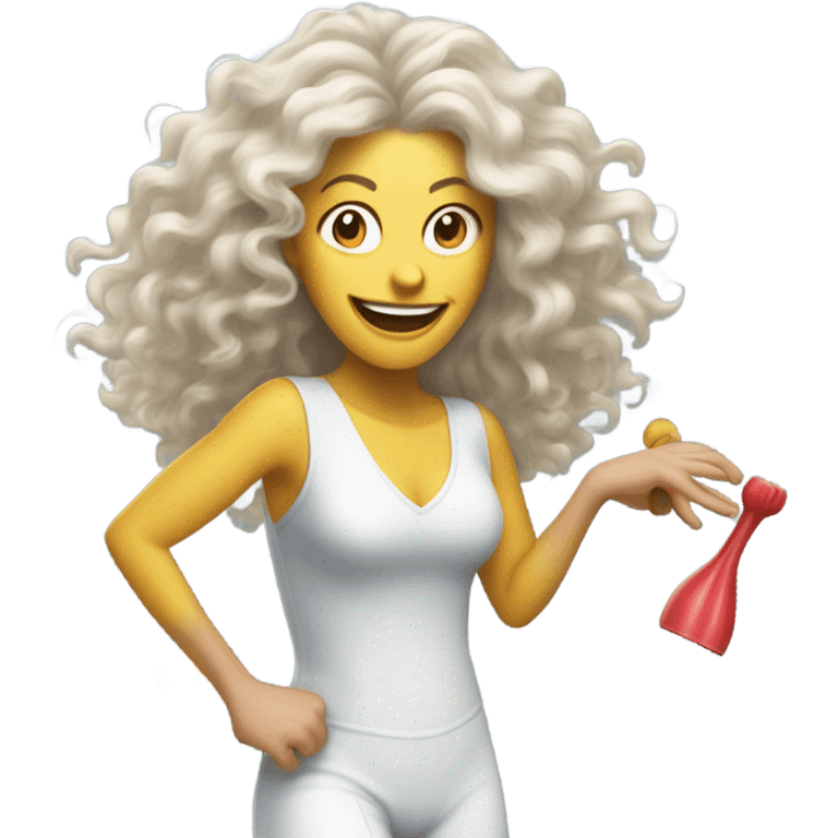 40-year-old white woman woman partying dizzyingly, with long frizzy hair and party tools  emoji