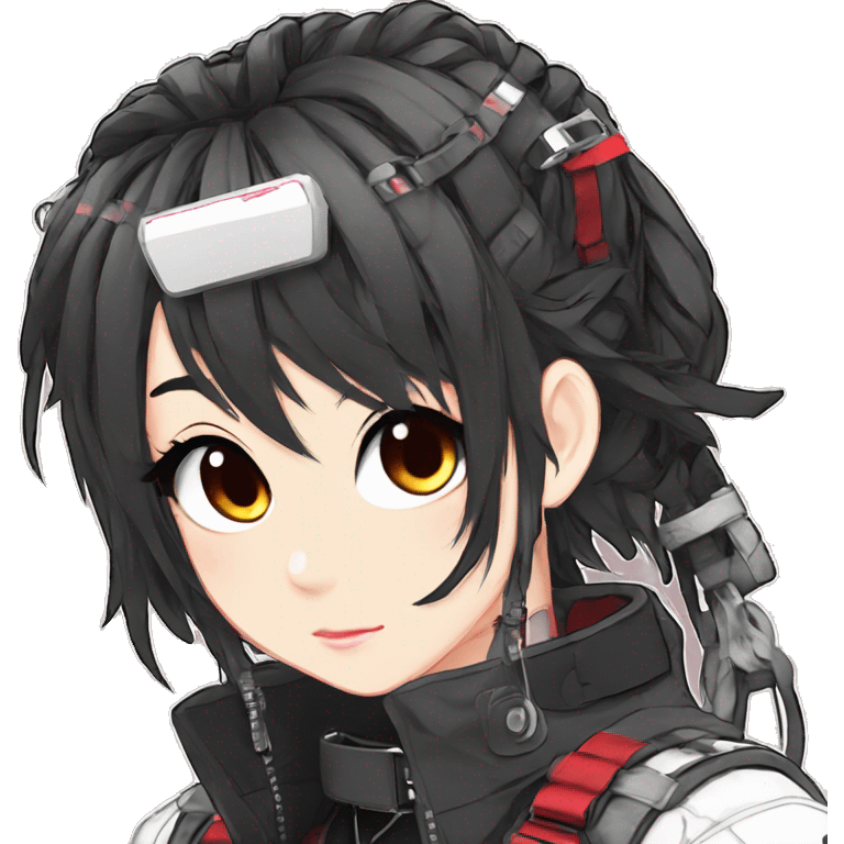 Gorgeous techwear anime style lady with blushing face aesthetic and pretty edgy black red white punk messy hair with collar and harness trending style emoji