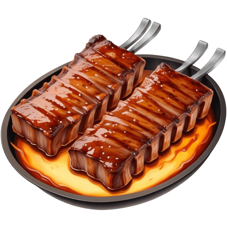 Cinematic juicy grilled ribs, glistening with smoky barbecue sauce, charred edges, tender meat falling off the bone, sizzling on a hot grill, mouthwatering and rich, warm and inviting, ultra-realistic and delicious. emoji