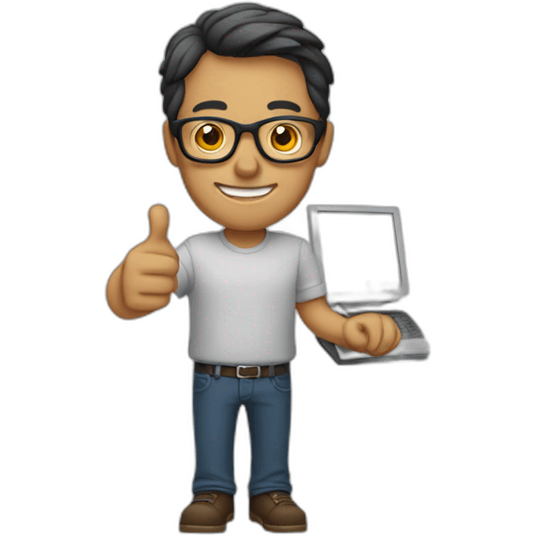 man with glasses and a computer in his right hand and a thumbs-up with his left hand emoji