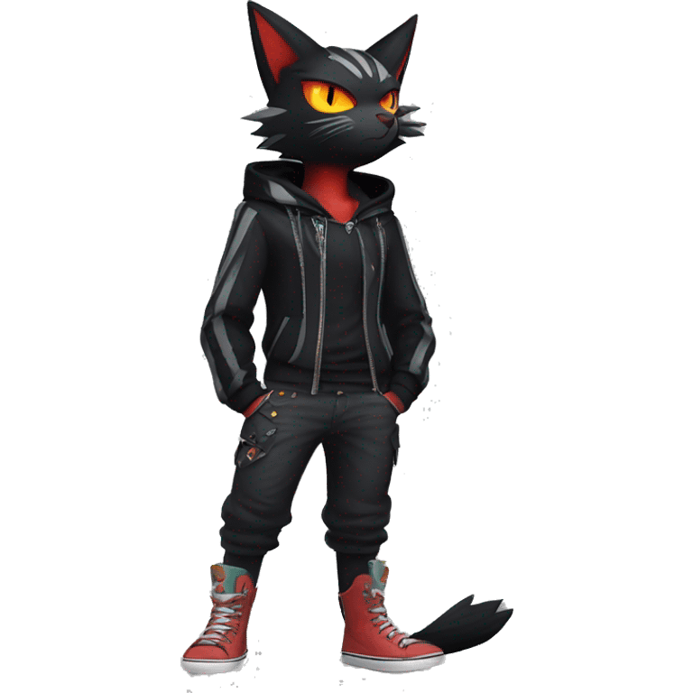 Cool Anthro Black Noibat-Quilava-Litten-Pokémon with edgy stripes hoodie spiked collar punk Full Body emoji