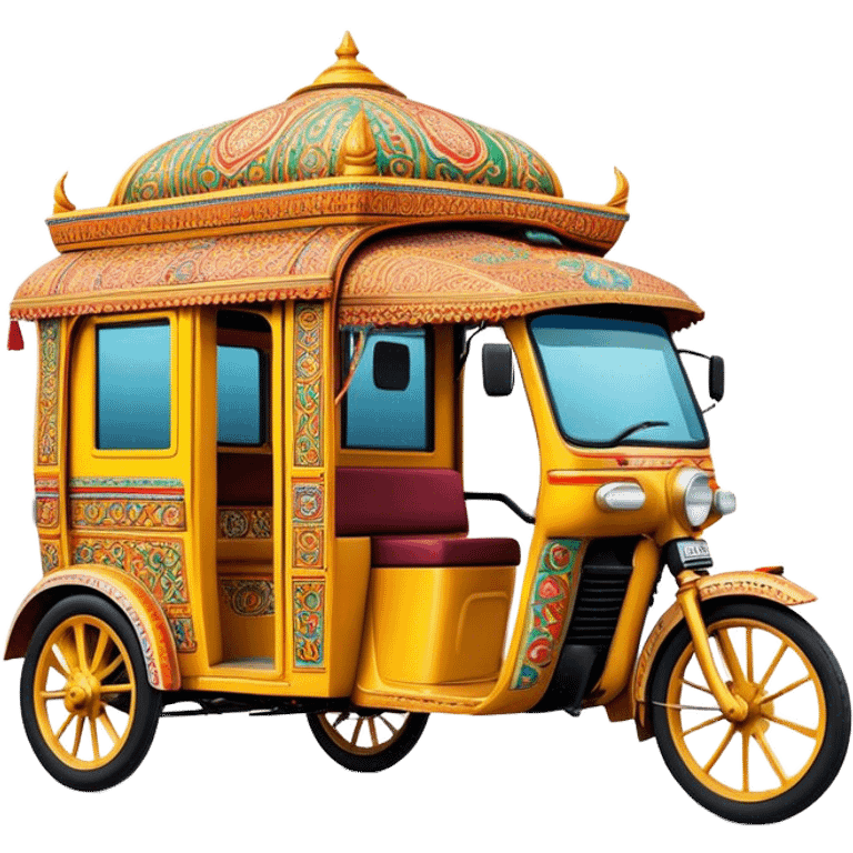 Cinematic Realistic Indian Auto Rickshaw Emoji, depicted as a colorful, bustling auto rickshaw with intricate designs and vibrant hues, rendered with lively textures and dynamic urban lighting that captures its quintessential presence in Indian cities. emoji