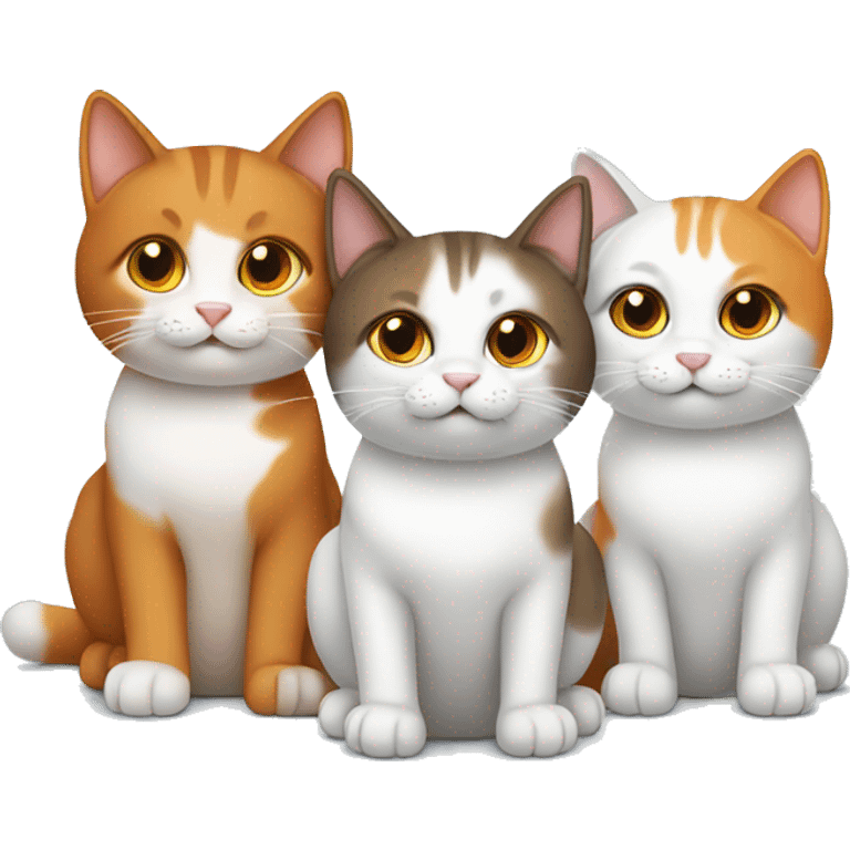 Three cats sitting together one brown, one fully white, one orange and white emoji