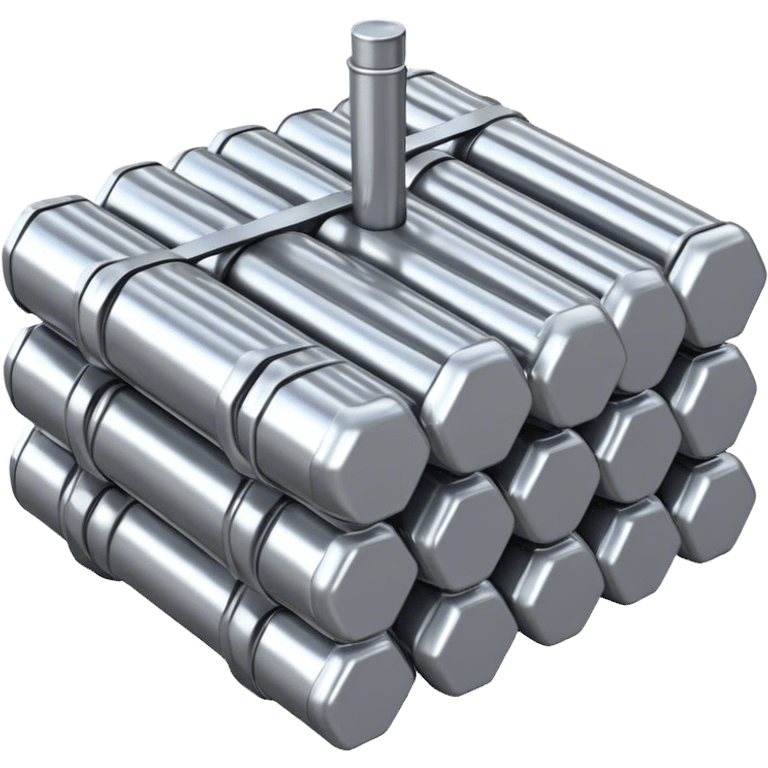 A bundle of uranium fuel rods used in a nuclear reactor, with a metallic silver or gray structure and cylindrical rods, arranged in a hexagonal grid, realistic and industrial style, no green color, only metallic shades. emoji