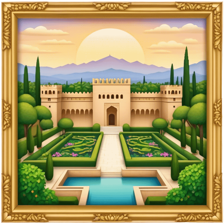 Cinematic Realistic Alhambra Landmark Emoji, showcasing the ornate historic palace with lush gardens rendered with rich textures and soft, majestic lighting. emoji