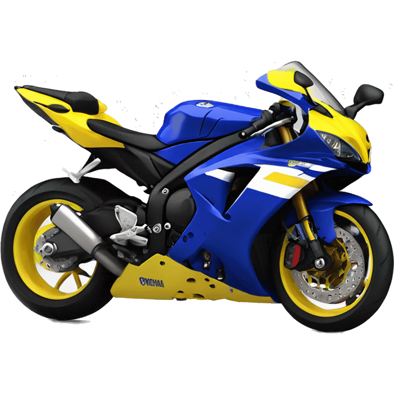 A 2009 Yamaha r1, blue and yellow fairings front view. Less yellow then blue emoji