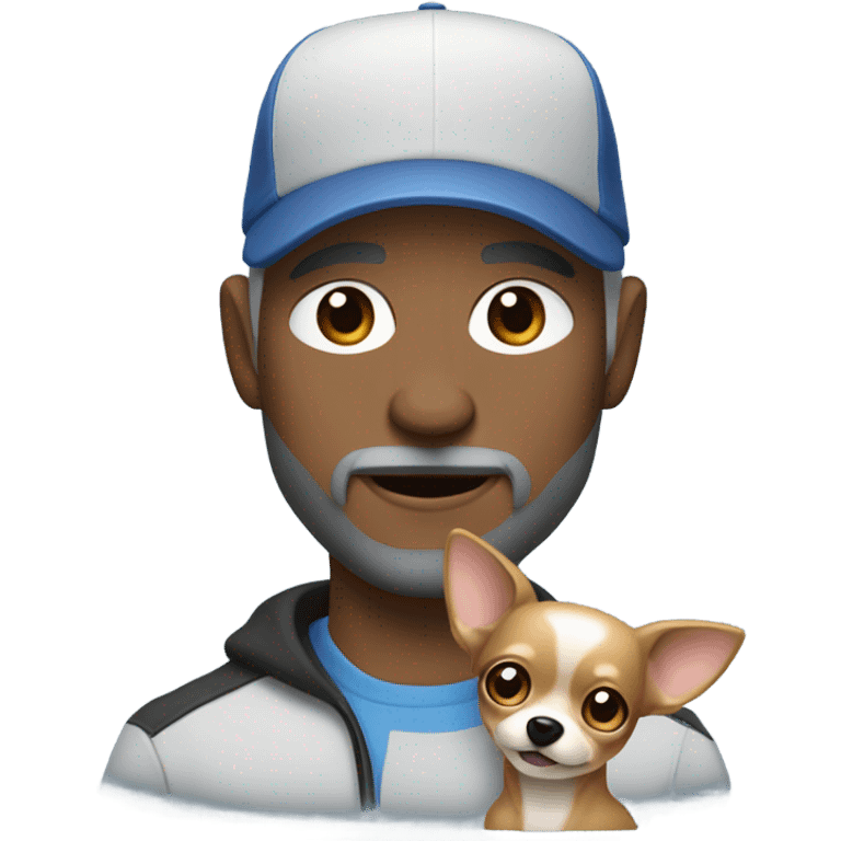 man with blue eyes gray hair and goatee wearing ball cap holding chihuahua with long black hair emoji