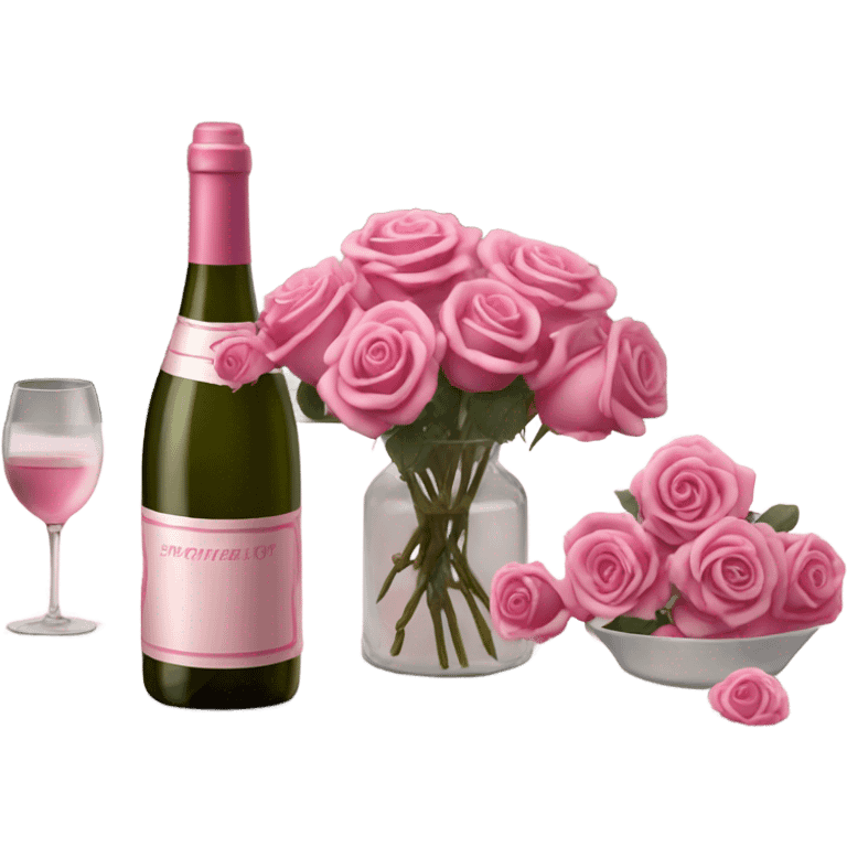 Hyper Realistic Romantic candlelit date,  pink roses with bottle of wine  emoji