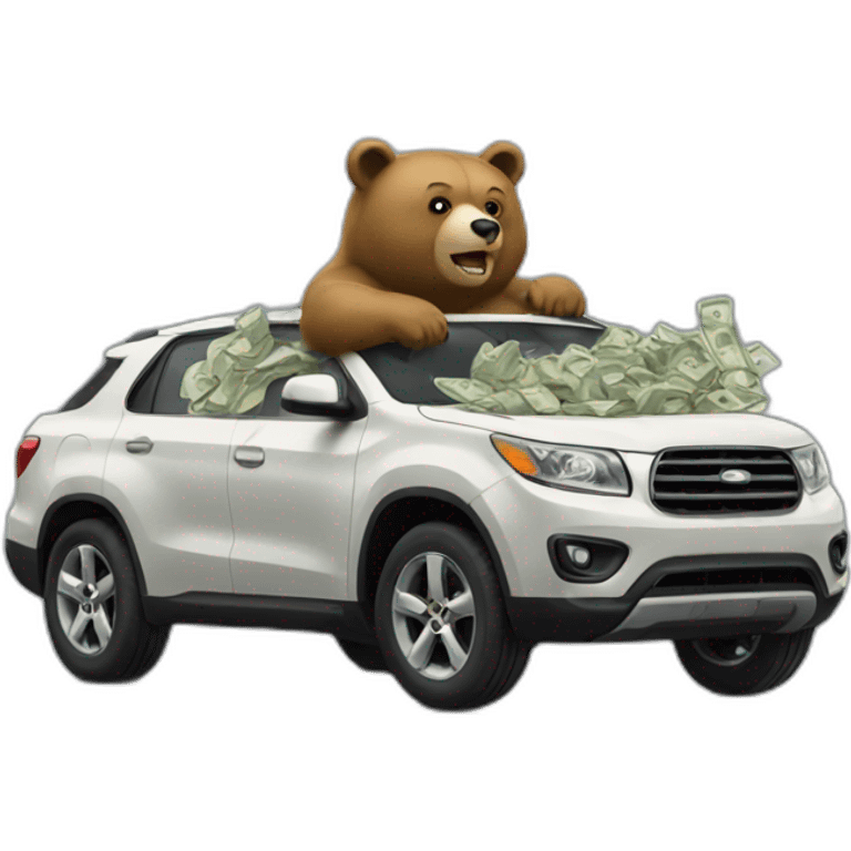 Bear driving car loaded with money emoji