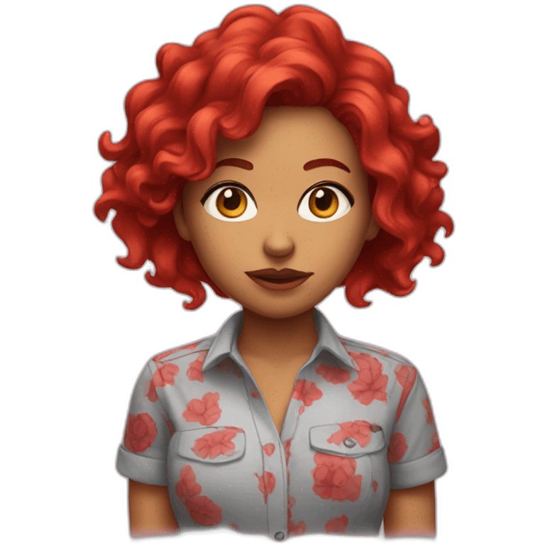 Latina with red hair and scary shirt emoji