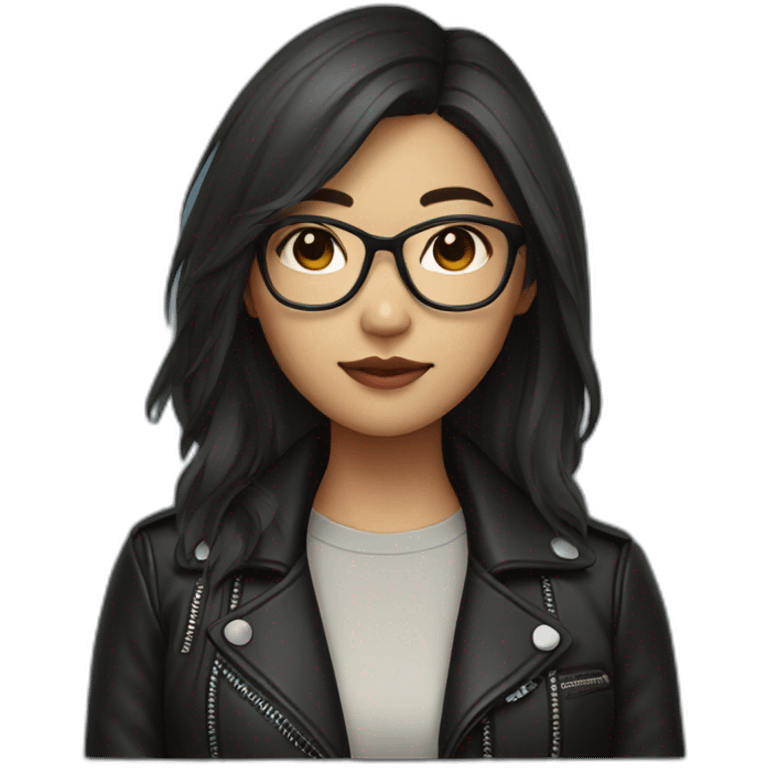 asian girl with glasses and a leather jacket with a shirt and long dark hair emoji