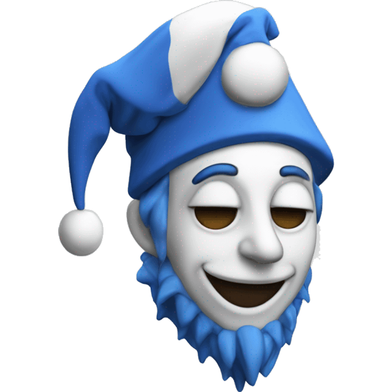 a blue and white moon-themed jester animatronic with a sleeping cap emoji