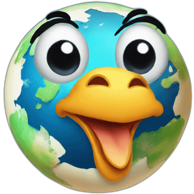 planet Earth with a cartoon grinning chicken face with big eyes emoji