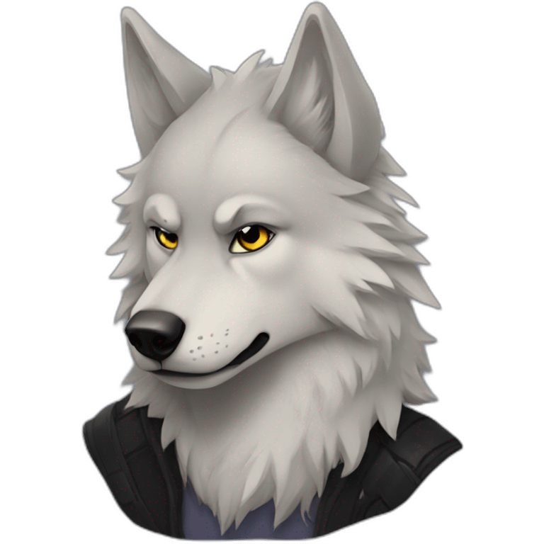 Portait of a half human half wolf with an emo fit emoji