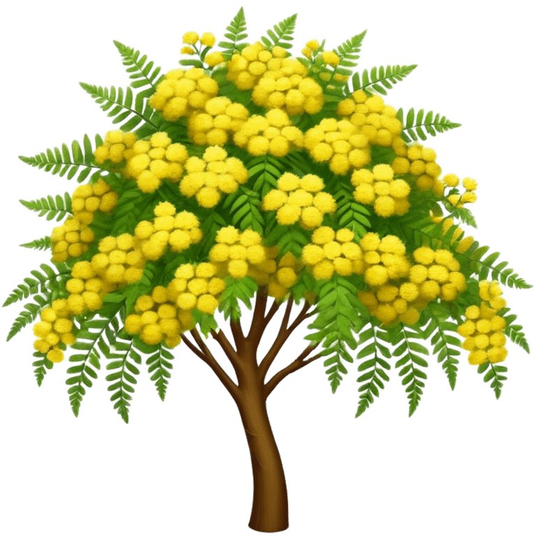 Cinematic Realistic Acacia Emoji, Bright and cheerful, with clusters of fluffy yellow flowers blooming along delicate branches. The wattle’s soft, fern-like leaves sway in the breeze, radiating a sense of warmth and joy. Soft glowing outline, capturing the essence of Australian sunshine, warmth, and beauty in a vibrant acacia tree! emoji