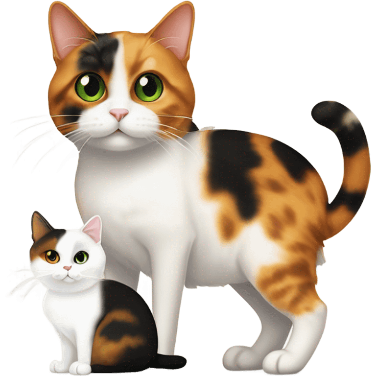 caliby-and-white cat with white paws and green eyes, next to a skinny dark tortoiseshell cat with orange eyes and a cream colored marking above its mouth emoji