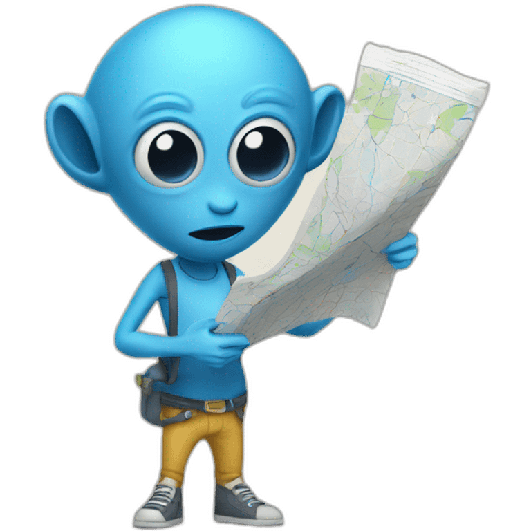 blue skinny tall alien wearing a fanny pack and holding a map emoji