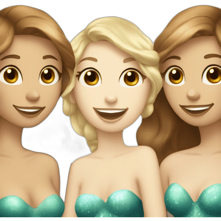 Three beautiful mermaids (two brown hair with brown eyes and blond one with blue eyes) drinking prosecco emoji