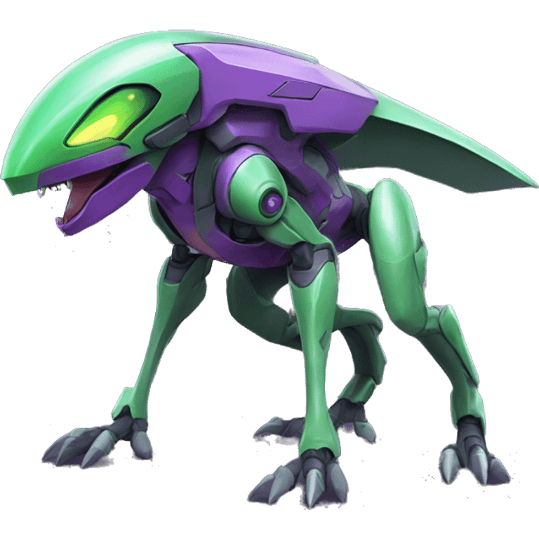 a purple-green Genesect-Raptor-Fakémon—hybrid with a futuristic visor-helmet full body emoji