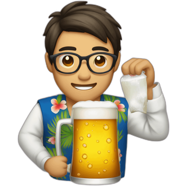 Japanese wearing roundglasses alohashirt is holding beer emoji