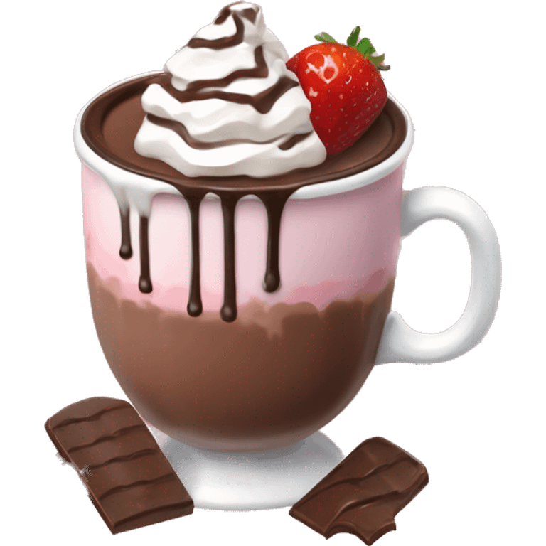 hot chocolate with mug and whip cream and chocolate drizzle and pale pink strawberry emoji