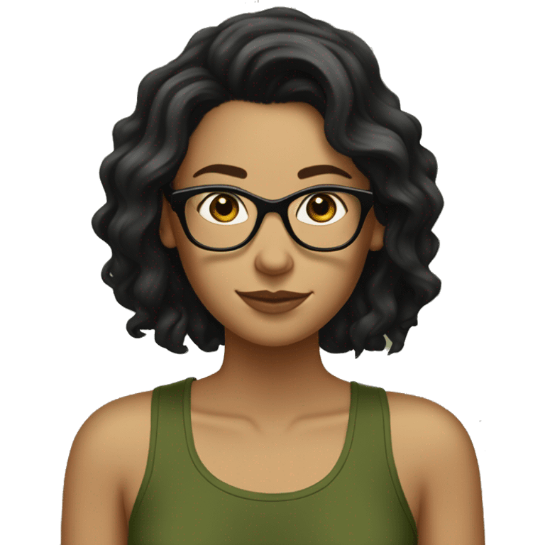 white skined woman with wavy long black hair with a olive green tank top with glasses tortoise  emoji