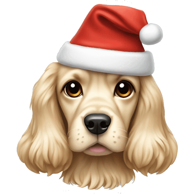 Cream Cocker spaniel wearing a Christmas hat emoji