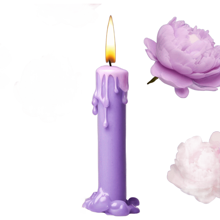 A vintage-inspired lilac candle with melted wax drips, surrounded by a bouquet of pastel peonies. emoji