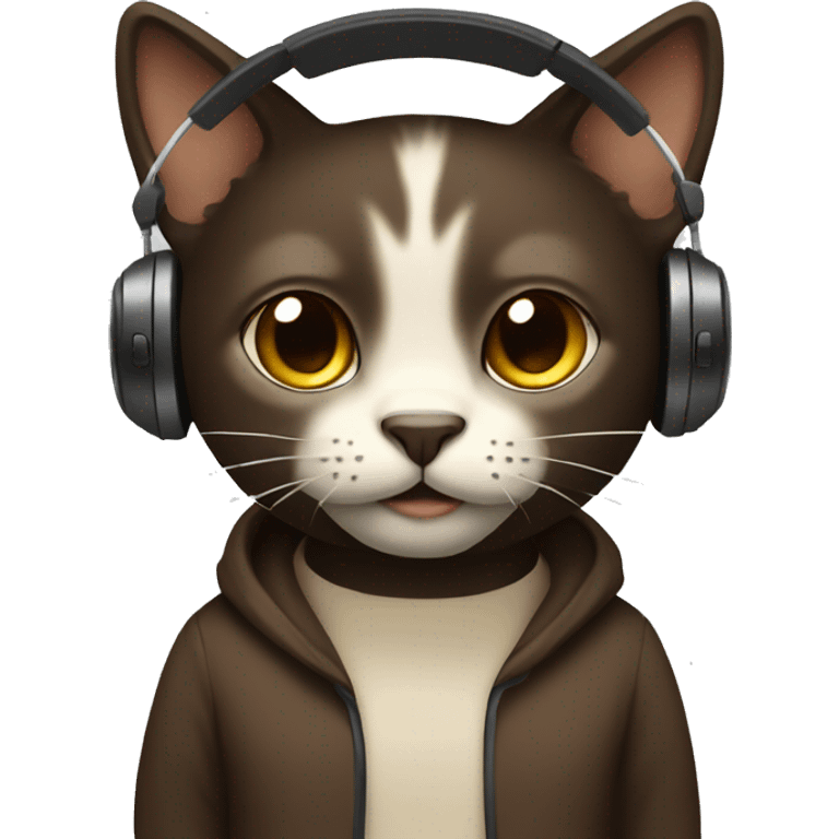 Dark Brown cat with beige headphones emoji