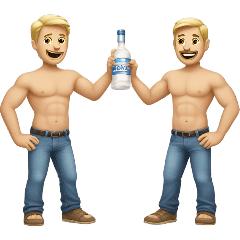 Two Caucasian men without shirts with vodka in hand emoji