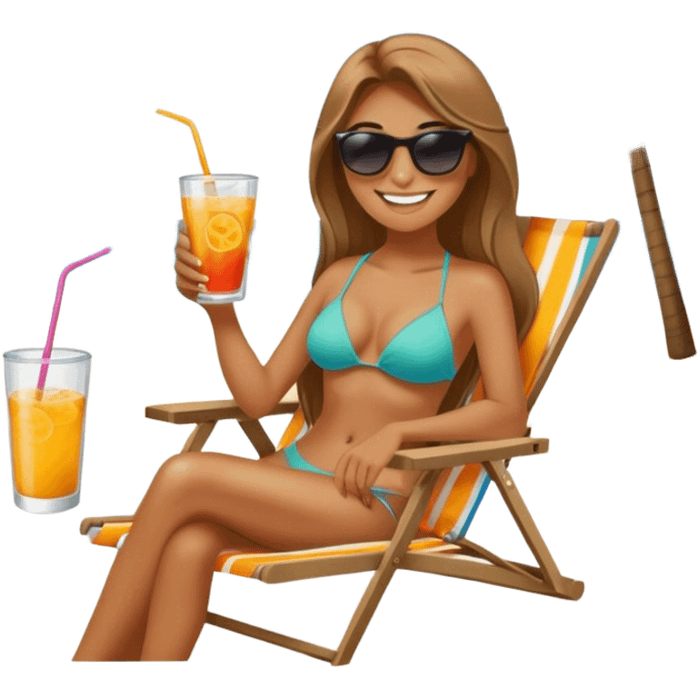 Female smiling with long hair in beach chair with drink  emoji