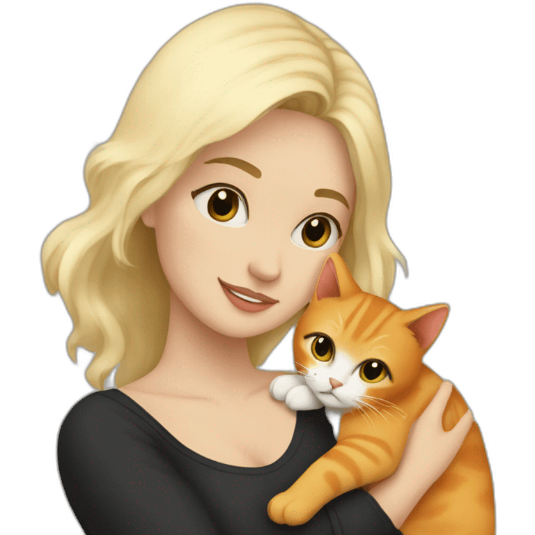 blonde-haired woman cuddling with a white and black and orange cat emoji