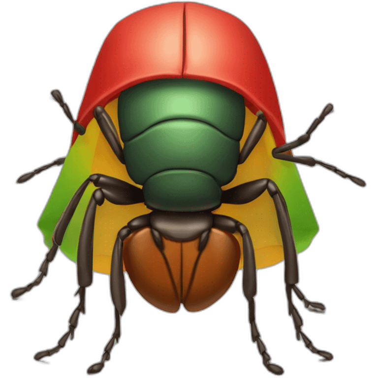 full view of a light brown bedbug with a red headband, shoulder-length black hair down to the ears. It is dressed in a red poncho (with red, yellow and green vertical lines) emoji