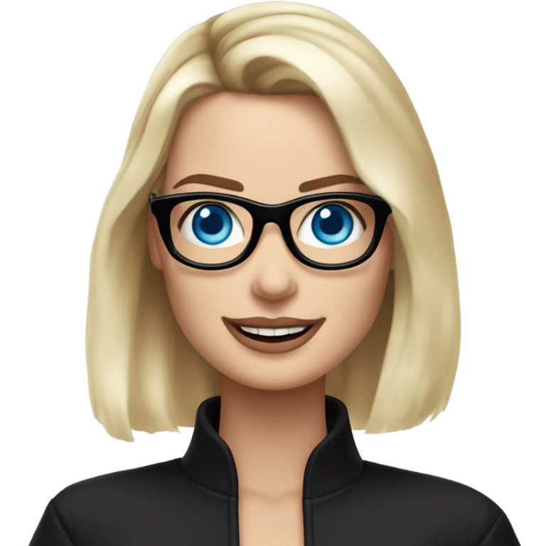 Real margot robbie,  bright blue eyes, wearing black glasses and waving hand emoji