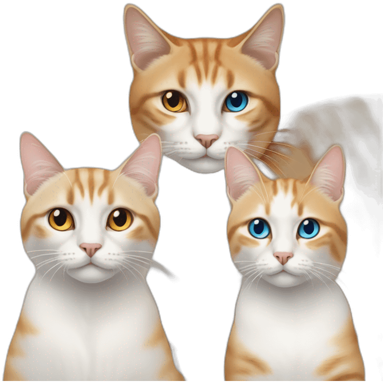 three cats sitting together, one lynx siamese cat with blue eyes, one orange and white tabby cat with yellow eyes, one orange cat with orange eyes emoji