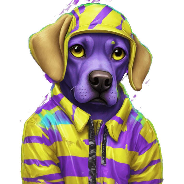 .Zombie_ Vaporwave black holographic oilslick zombie yellow Labrador zombie dog yellow caution tape graffiti stripes iridescent blue purple mane yellow stripes emoji