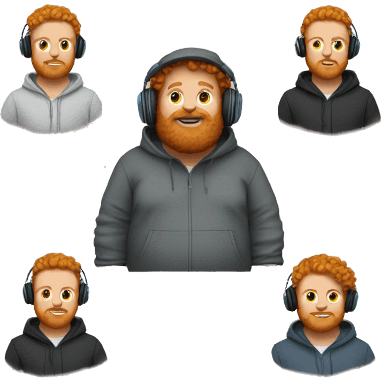 Make a fat ginger man named caseoh with headphones, a hoodie with his hood up, curly hair and beard emoji