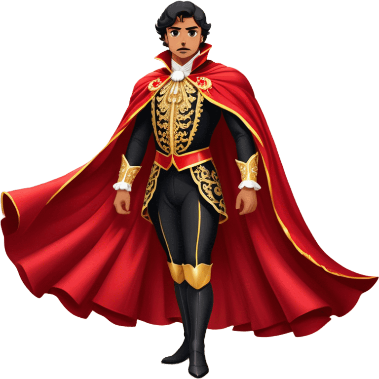 Spanish Matador – Cinematic Realistic Spanish Matador, portrayed in an ornate traje de luces with a flowing red cape, standing poised in a classic bullring with swirling dust and dramatic light, his intense expression and elegant stance capturing both bravery and artistry. emoji