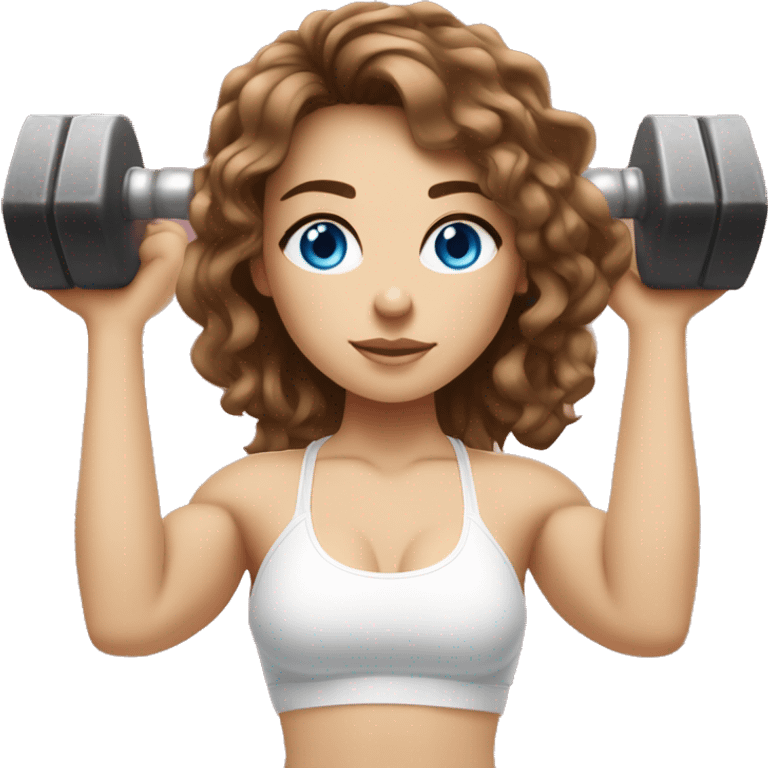 Girl with brown wavy hair and a fringe over her forehead, wearing a white sports bralette, has strong feminine muscles, lifting weights in the gym holding barbells she is light skinned with blue eyes emoji