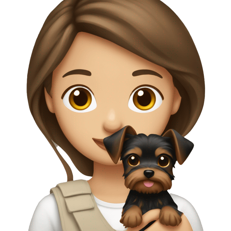 girl with brown hair and brown eyes holding a yorkie emoji