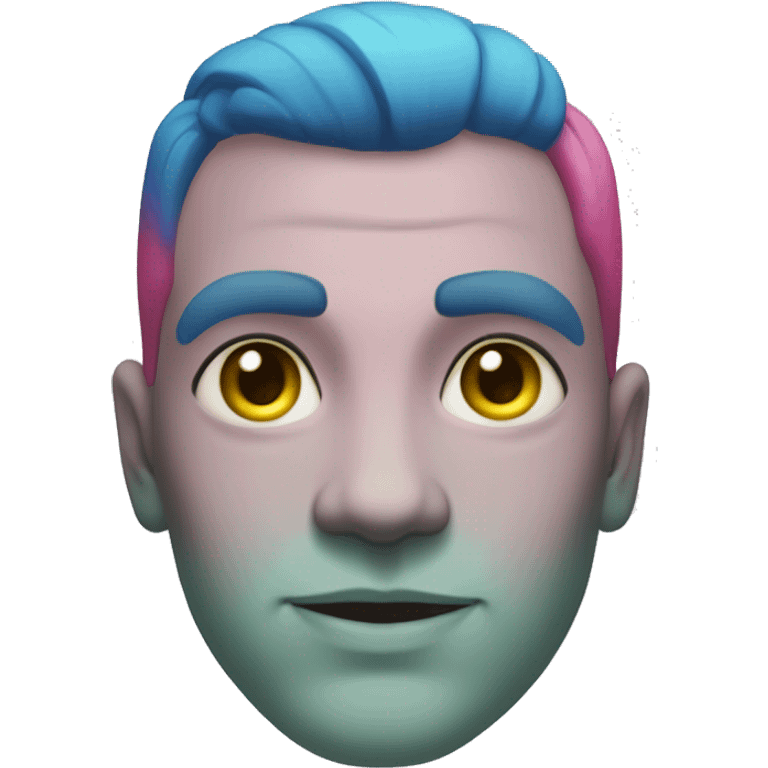 Very light green skin, yellow-blue eyes. Dark pink hair. A blue line tattoo extending from the beginning of the forehead and ending at the nose, three blue lines extending in an arc from above his eyes to below his cheeks on all sides of the face. emoji