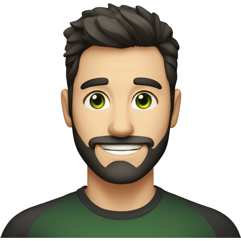 Handsome man with dark hair, gradient short hair on the side, green eyes. Big smile and thin face. Black t-shirt. A little beard emoji