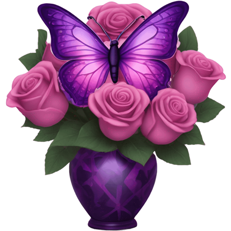 Aesthetic butterfly with purple and pink wings sitting on a dark purple bouquet of Roses in a pastel pink vase emoji