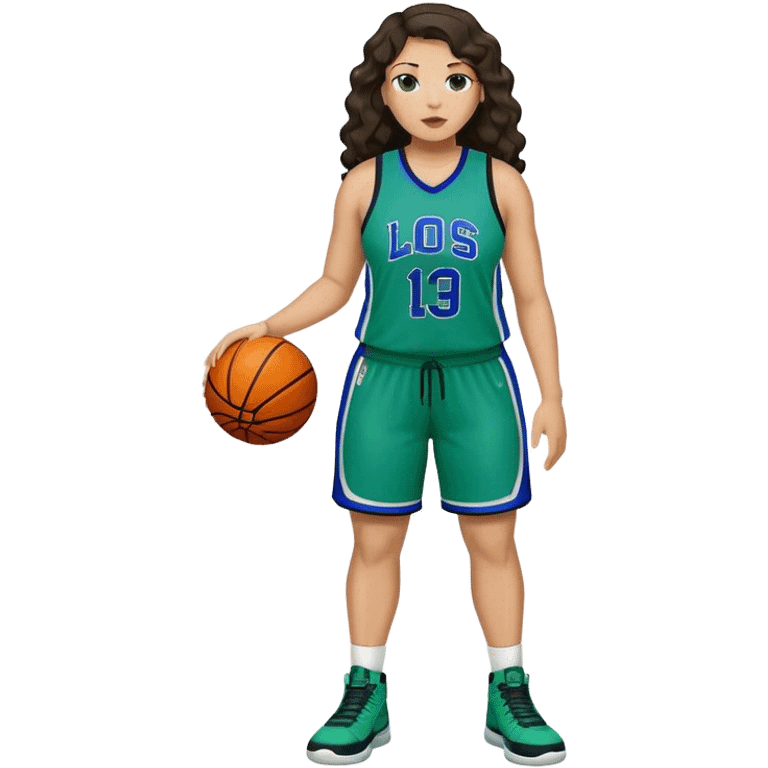 full body plus size light skin latino women basketball player with wavy dark hair wearing blue and green uniform emoji