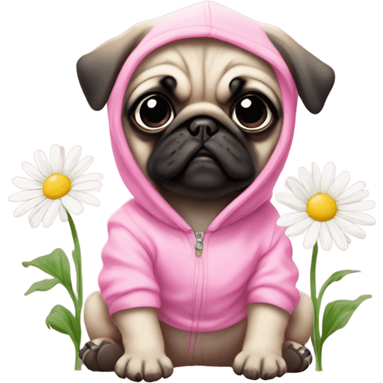 Cute Baby Pug with pink eyes wearing a pink hoodie eating daisy's  emoji