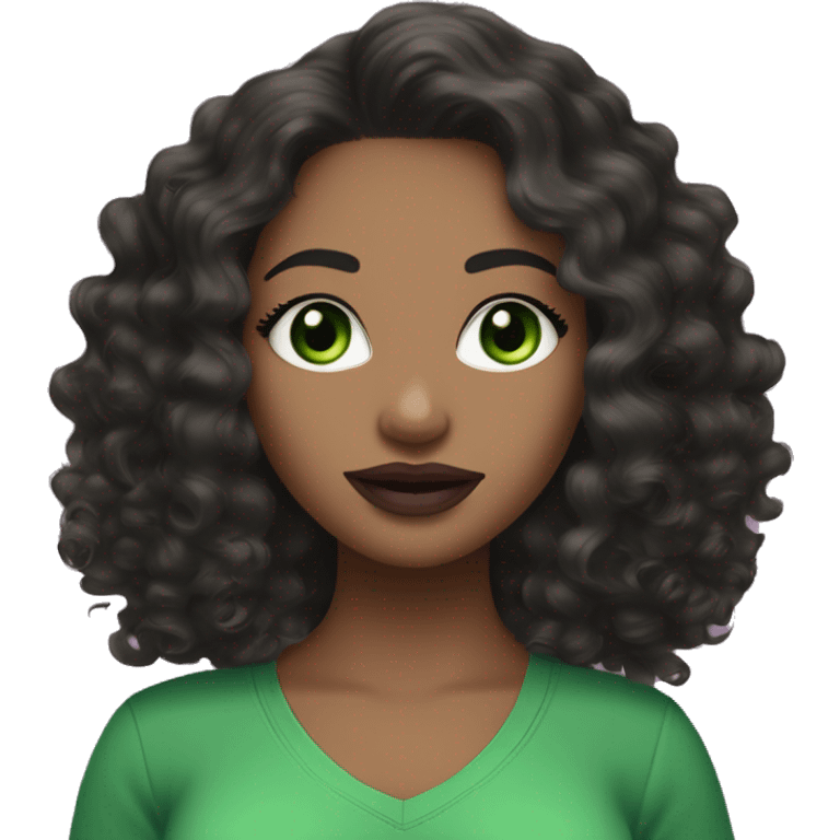 Create an emoji-style character of a white girl with bright green eyes, long black curly or wavy hair, wearing hoop earrings. She has a green v-neck top, wears mascara, and is styled with soft pink mauve lipstick emoji