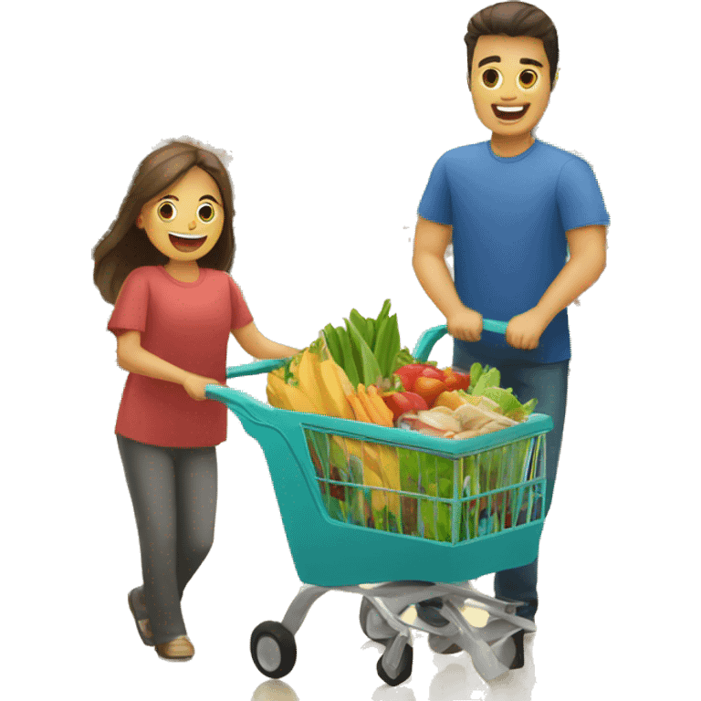 a family with a wheelbarrow full of groceries is shopping in a supermarket emoji