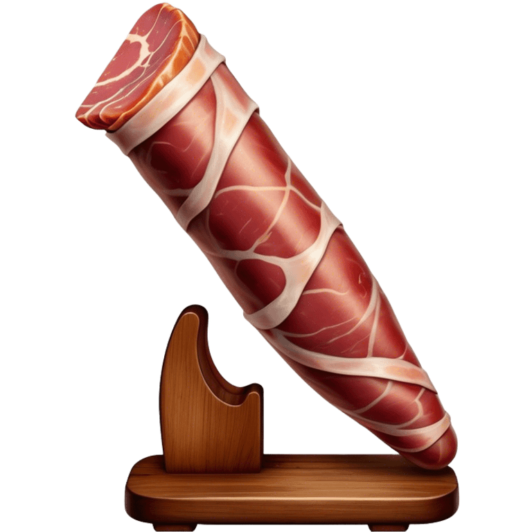 ​Cinematic Realistic Spanish Jamón Leg, depicted as a massive, cured leg of Jamón serrano (ham) with a deep reddish-brown hue, intricately marbled and slightly glossy with age, elegantly displayed on a rustic wooden stand and bathed in warm, soft lighting that accentuates its artisanal heritage, emoji