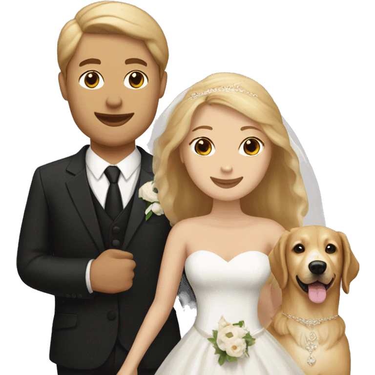 White bride and groom with golden retriever  emoji